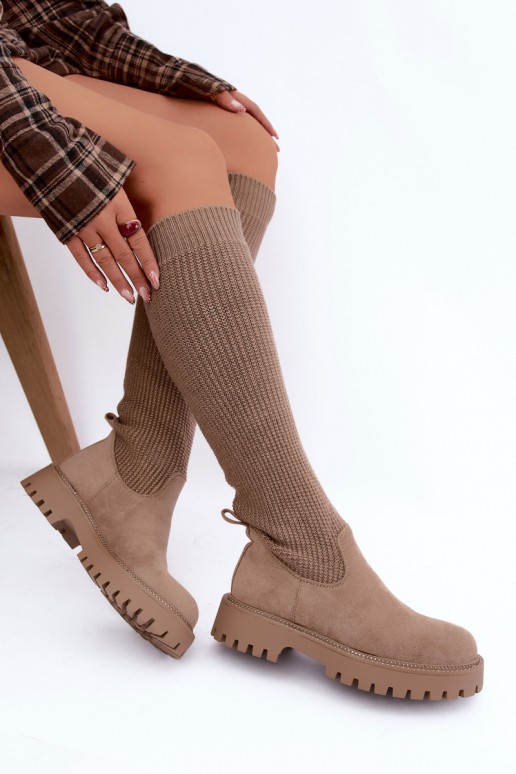 botas altas com cano tipo meia na cor areia Sarielle