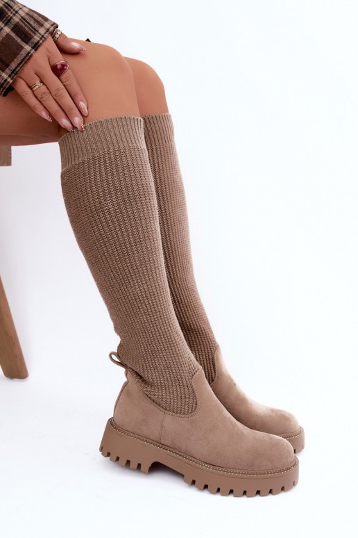 botas altas com cano tipo meia na cor areia Sarielle