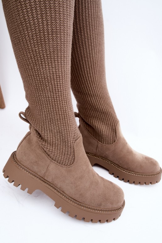 botas altas com cano tipo meia na cor areia Sarielle