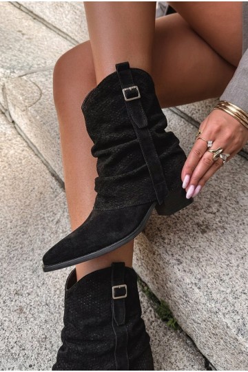 Botas altas pretas de estilo cowboy com bico afilado e saltos Calenne