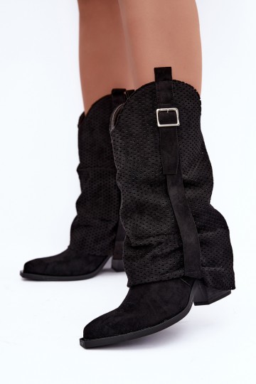 Botas altas pretas de estilo cowboy com bico afilado e saltos Calenne 2