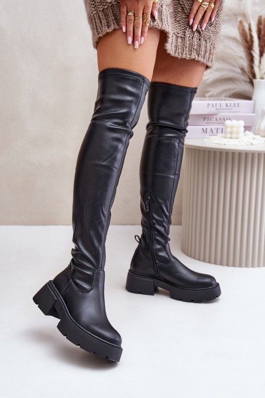 Botas pretas acima do joelho com plataforma em couro sintético Loreviana