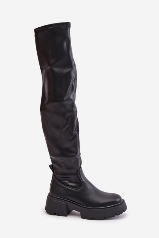 Botas pretas acima do joelho com plataforma em couro sintético Loreviana
