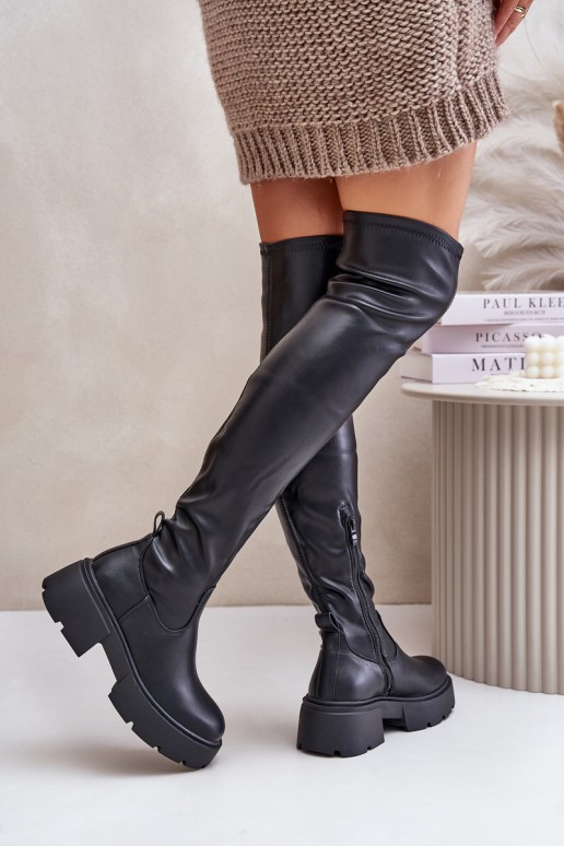 Botas pretas acima do joelho com plataforma em couro sintético Loreviana