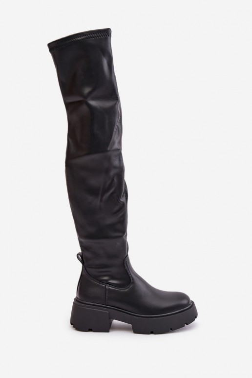 Botas pretas acima do joelho com plataforma em couro sintético Loreviana