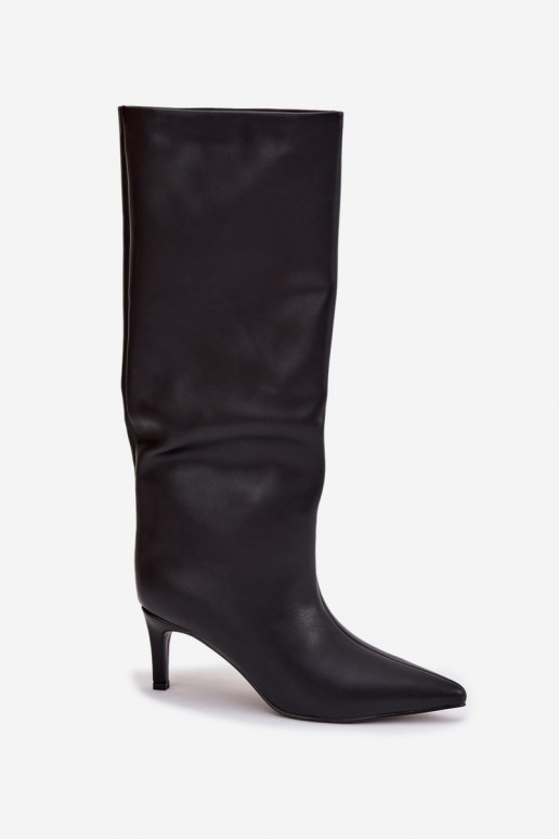 Botas de cano alto femininos slip-on aquecidas com saltos finos, cor preta, Olivienne