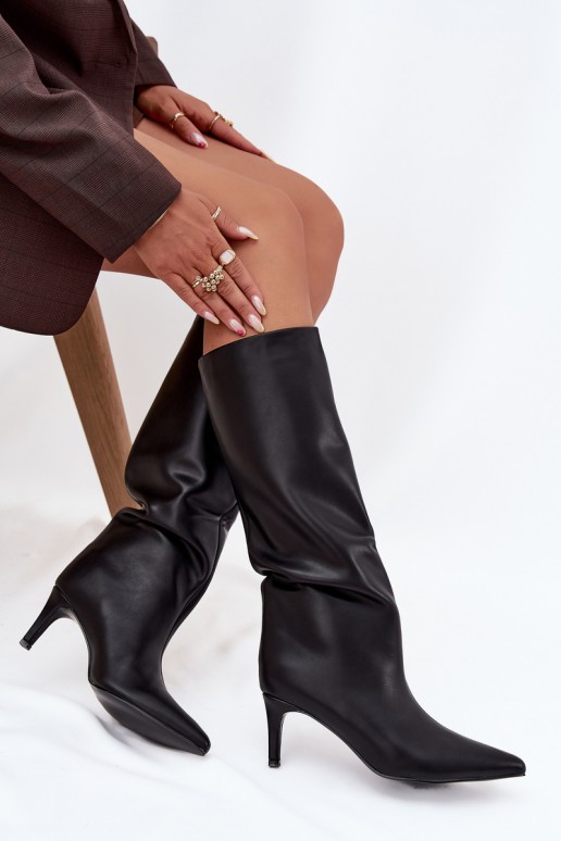Botas de cano alto femininos slip-on aquecidas com saltos finos, cor preta, Olivienne