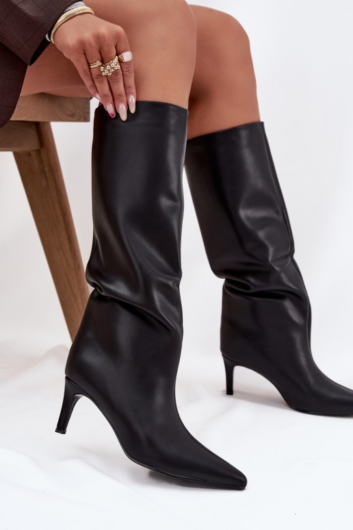 Botas de cano alto femininos slip-on aquecidas com saltos finos, cor preta, Olivienne