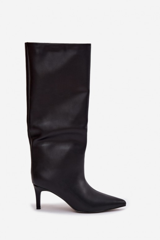 Botas de cano alto femininos slip-on aquecidas com saltos finos, cor preta, Olivienne
