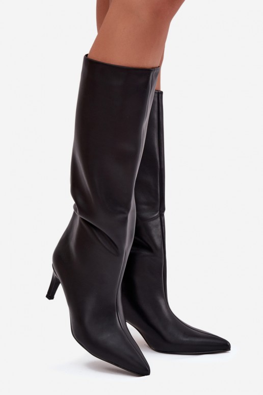 Botas de cano alto femininos slip-on aquecidas com saltos finos, cor preta, Olivienne