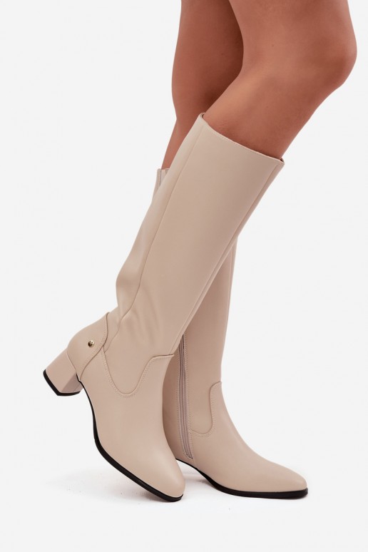Botas bejes isoladas femininas acima do joelho em couro com saltos