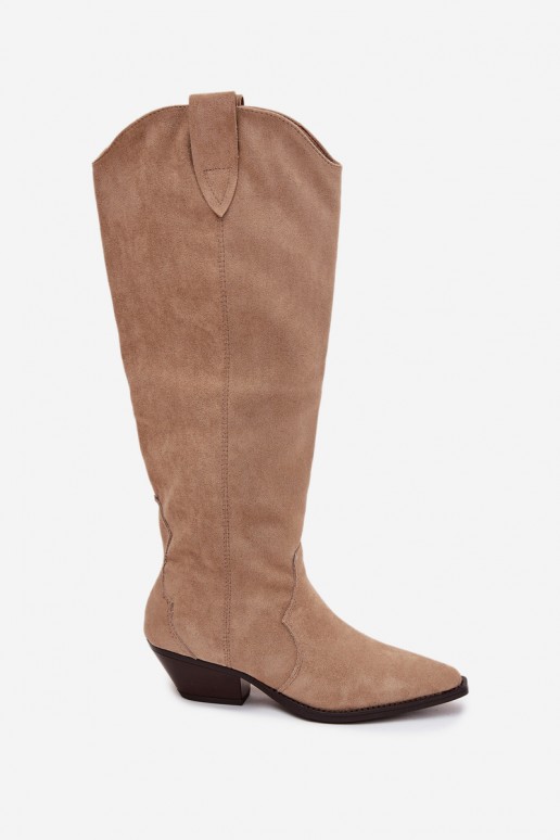 Botas longas de estilo cowboy acolchoadas com salto em camurça sintética na cor areia Jovianne