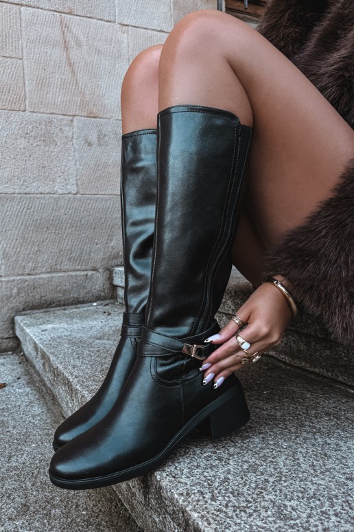 Botas de couro aquecidas com saltos decorados Sergio Leone KZ-13 pretas