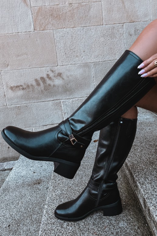 Botas de couro aquecidas com saltos decorados Sergio Leone KZ-13 pretas
