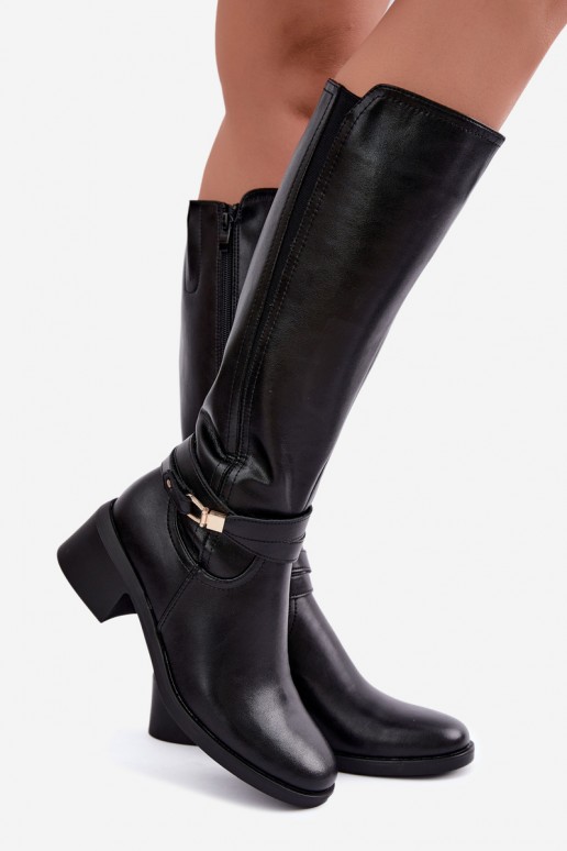 Botas de couro aquecidas com saltos decorados Sergio Leone KZ-13 pretas