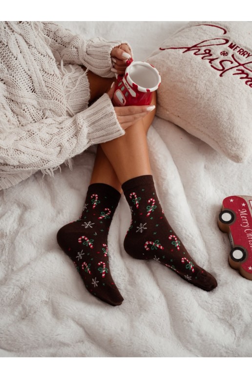 Meias femininas marrons chocolate com bengalas de açúcar e flocos de neve