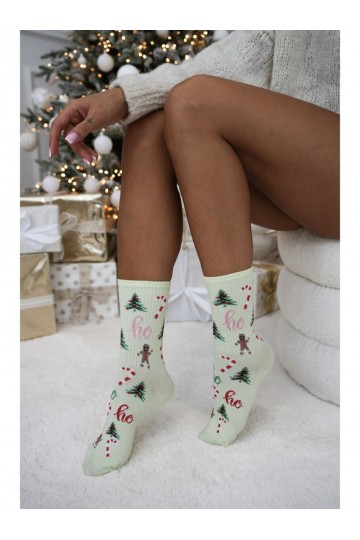 Meias femininas em pistache com árvores de Natal Ho Ho Ho
