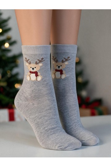 Meias infantis com urso de Natal e chifres em cinza