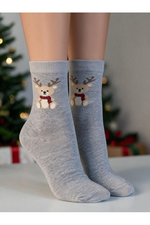 Meias infantis com urso de Natal e chifres em cinza
