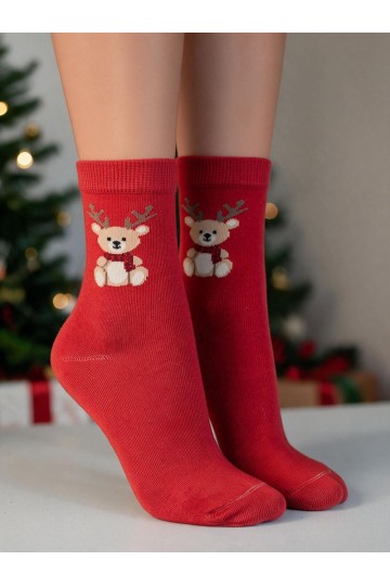 Meias infantis com urso de Natal e chifres em vermelho