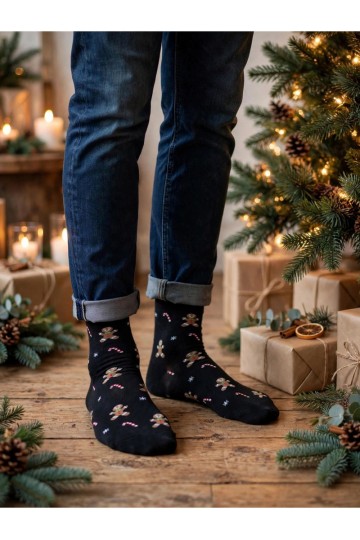 Meias masculinas com bengalas de Natal e biscoitos em preto