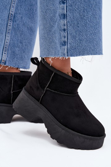 Botas de neve baixas pretas para mulheres com isolamento e pelo dentro