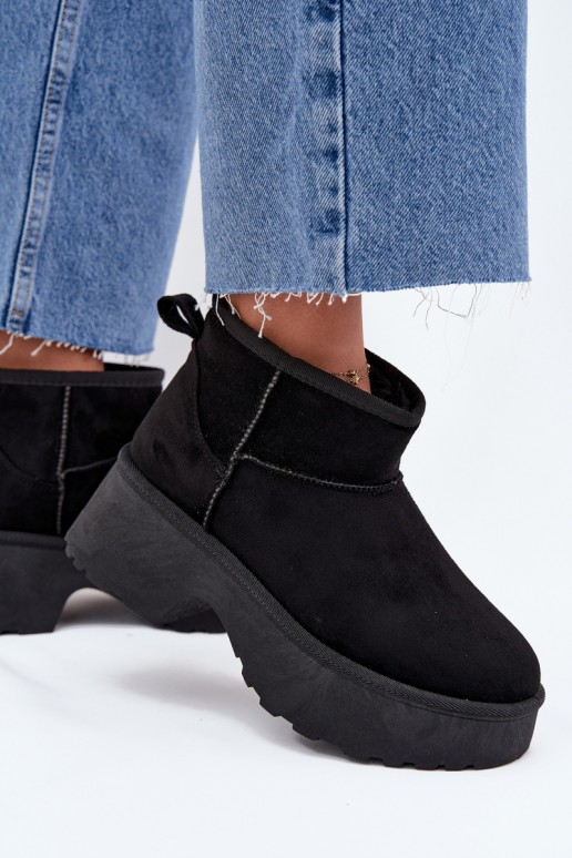 Botas de neve baixas pretas para mulheres com isolamento e pelo dentro