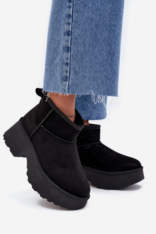 Botas de neve baixas pretas para mulheres com isolamento e pelo dentro