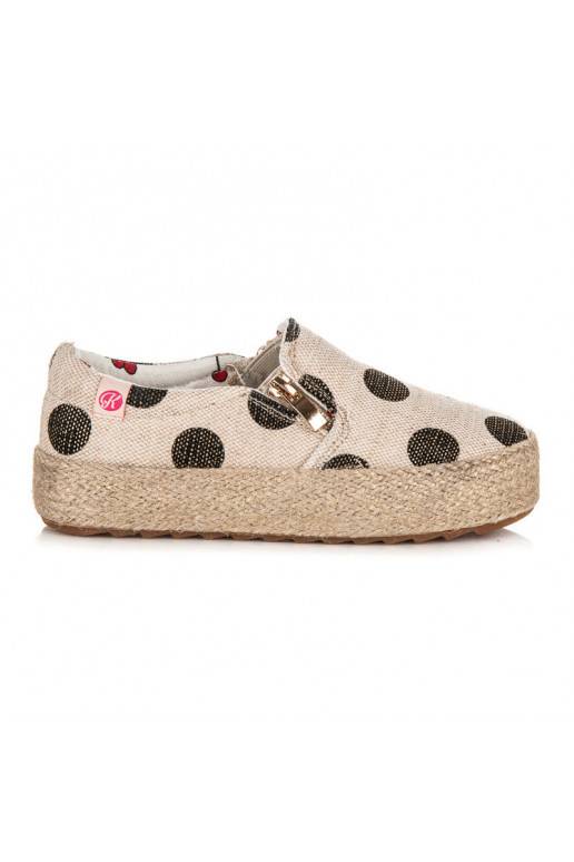 Sapatos de tecido creme para crianças com fecho decorativo e bolinhas pretas K1645004NE