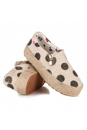 Sapatos de tecido creme para crianças com fecho decorativo e bolinhas pretas K1645004NE