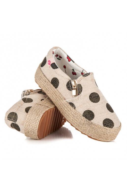 Sapatos de tecido creme para crianças com fecho decorativo e bolinhas pretas K1645004NE