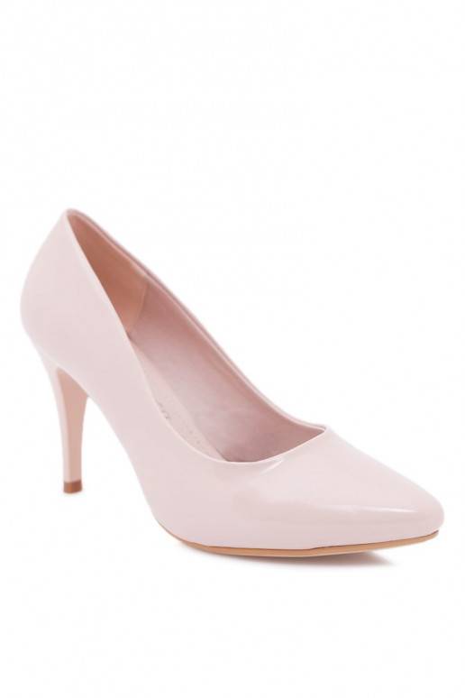 Sapatos femininos de salto alto com efeito verniz bege