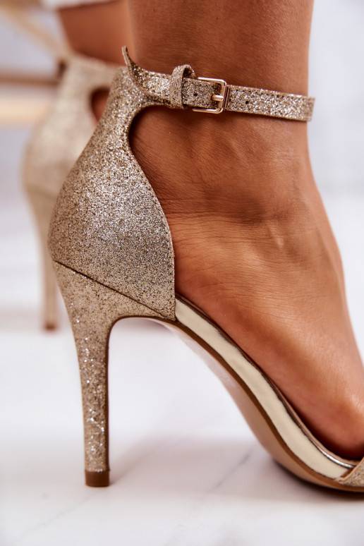 Sandálias femininas de salto fino com glitter na cor dourada Massimo