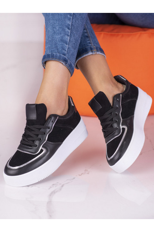 Sapatos femininos plataforma alta preto com cadarços Shelovet