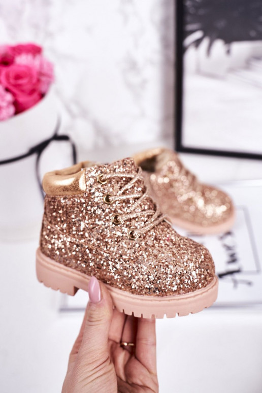 Botas infantis brilhantes e quentes na cor rosa/dourada Sereia