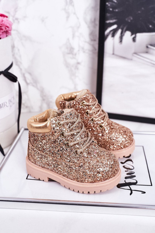 Botas infantis brilhantes e quentes na cor rosa/dourada Sereia