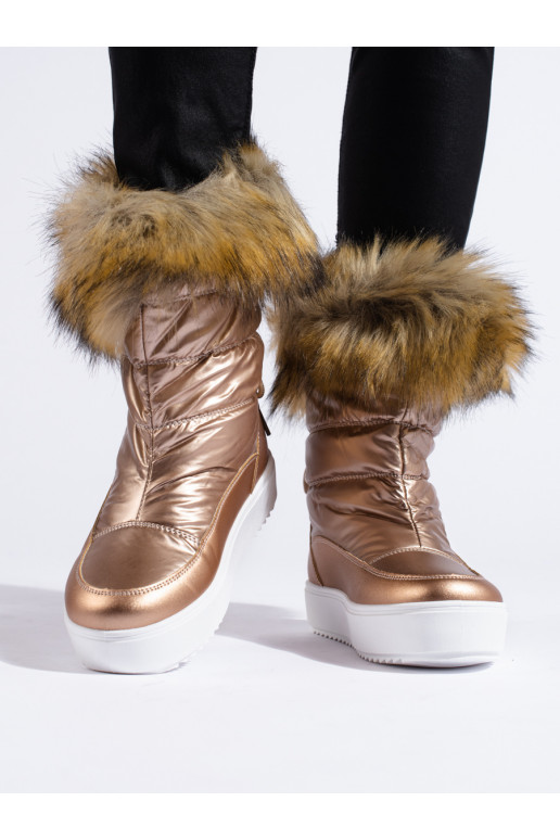 botas de neve com pele na cor dourada...