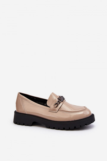 Mocassins com efeito laca com salto largo bege Ezoma 2