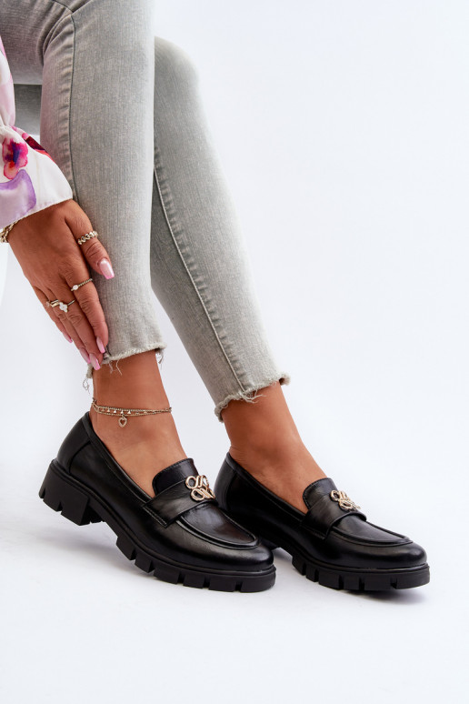 Mocassins femininos de estilo elegante com detalhes dourados na cor preta Tosisa
