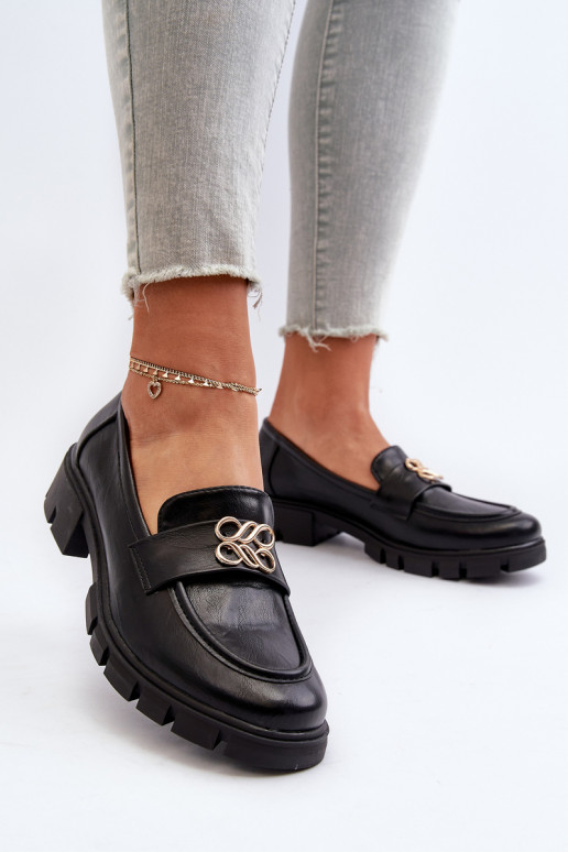 Mocassins femininos de estilo elegante com detalhes dourados na cor preta Tosisa