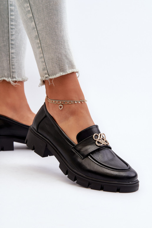 Mocassins femininos de estilo elegante com detalhes dourados na cor preta Tosisa
