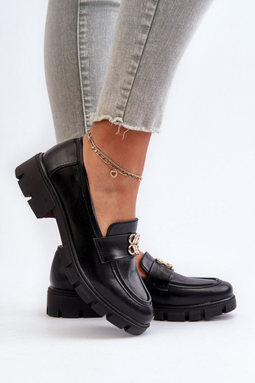 Mocassins femininos de estilo elegante com detalhes dourados na cor preta Tosisa