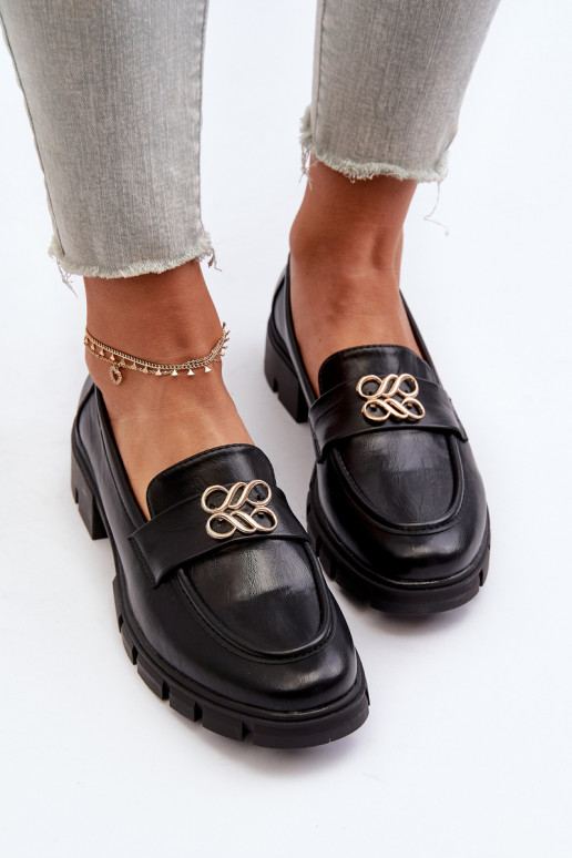 Mocassins femininos de estilo elegante com detalhes dourados na cor preta Tosisa