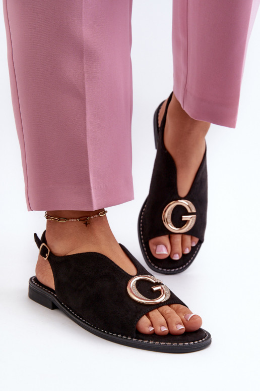 Sandálias femininas estilo elegante com enfeites na cor preta S.Barski