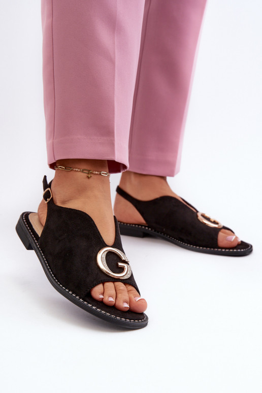 Sandálias femininas estilo elegante com enfeites na cor preta S.Barski