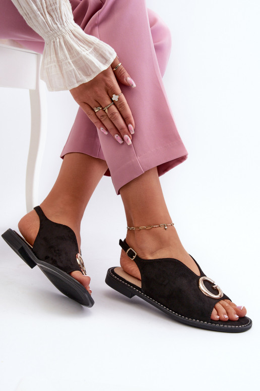 Sandálias femininas estilo elegante com enfeites na cor preta S.Barski