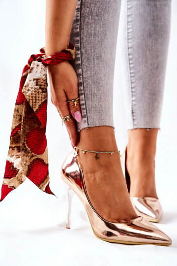 Sapatos elegantes de salto alto com efeito espelho na cor ouro rosa Adrinnah