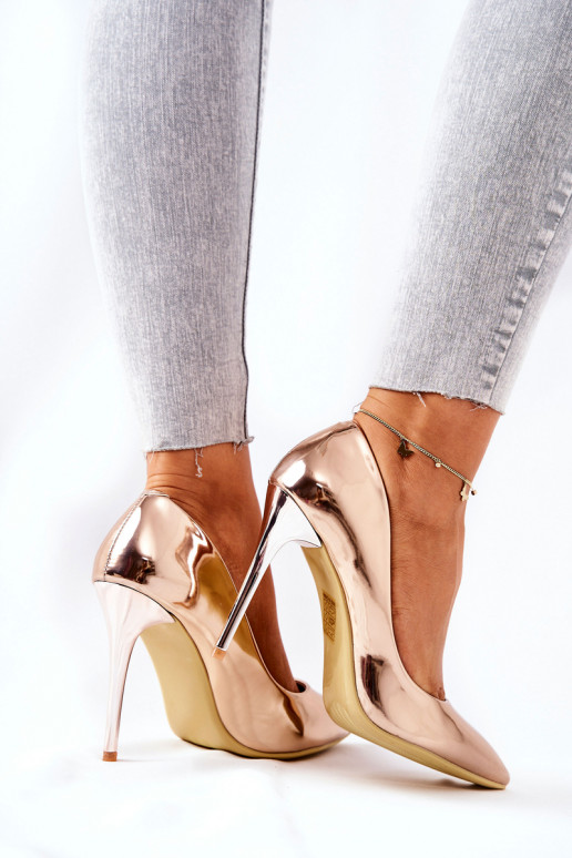 Sapatos elegantes de salto alto com efeito espelho na cor ouro rosa Adrinnah