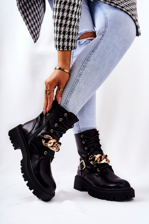 Sapatos femininos com corrente na cor preta