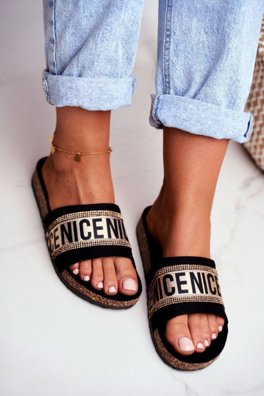 Chinelos com ilhós brilhantes Preto e dourado Be Nice